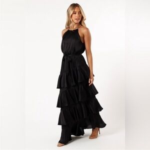 PETAL & PUP ANNALISE TIERED MAXI DRESS - BLACK SIZE 10 ruffle satin